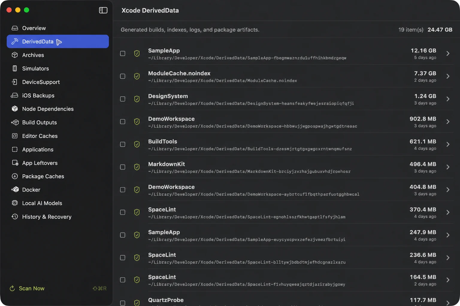 SpaceLint DerivedData scan screenshot